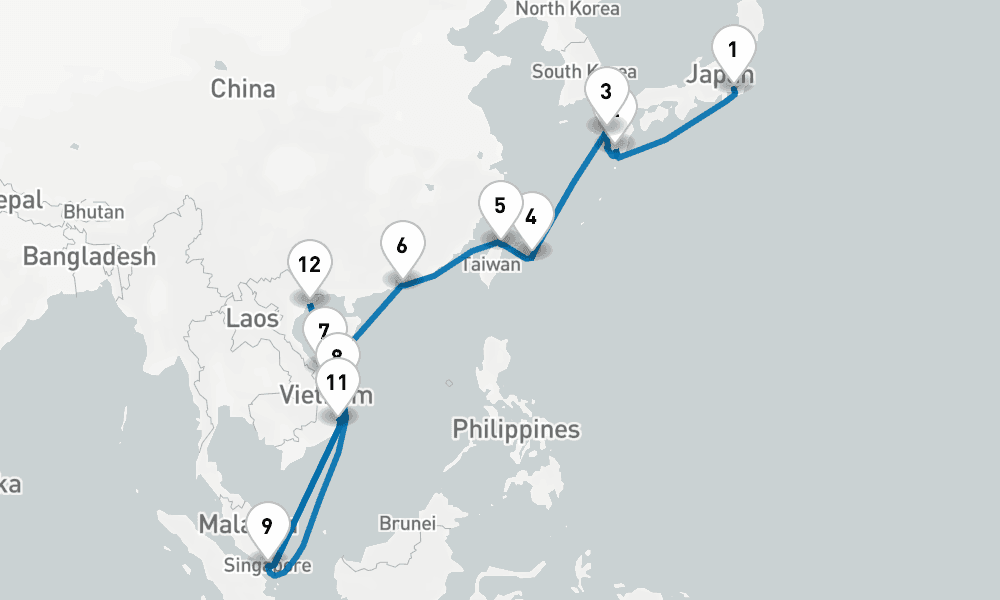 24 days, one-way from Yokohama to Singapore 25日間