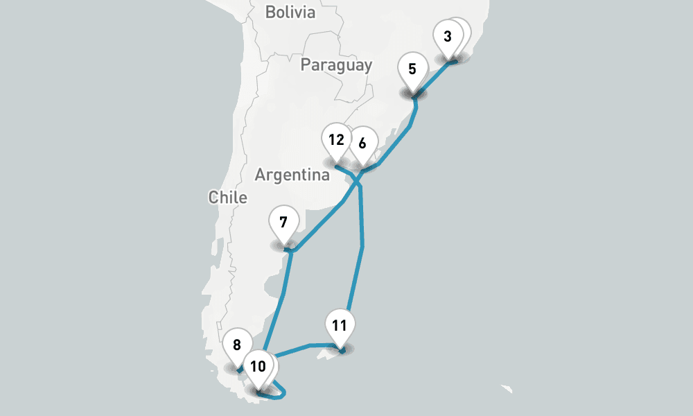24 nights / 25 days, one-way from Rio de Janeiro to Buenos Aires