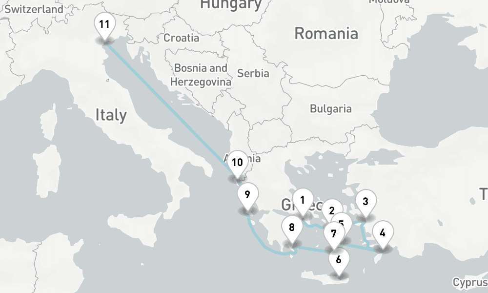 11 nights / 12 days, one-way from Piraeus (Athens, Greece) to Venice