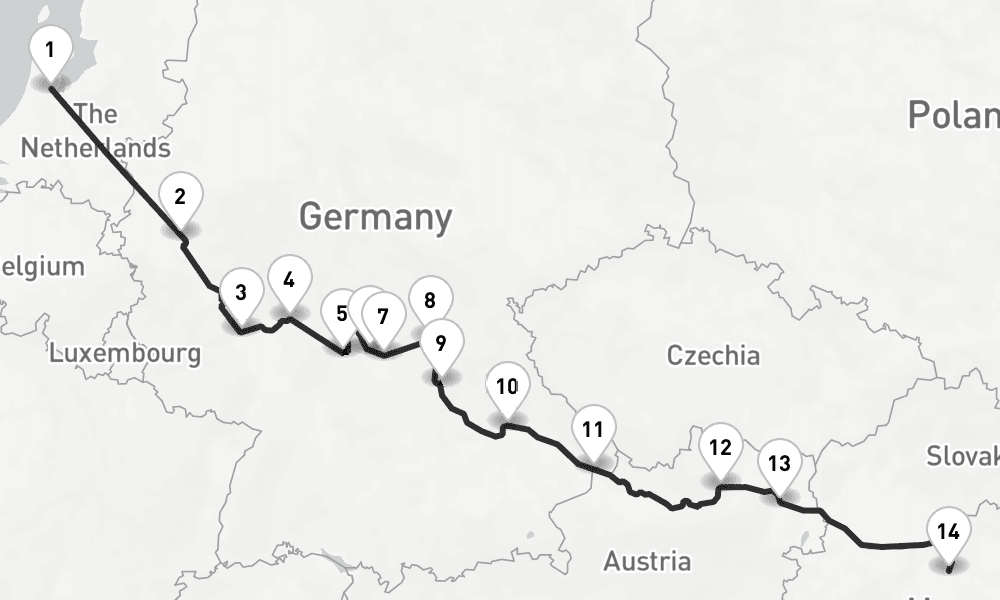14 nights / 15 days, one-way from Amsterdam (Holland) to Budapest