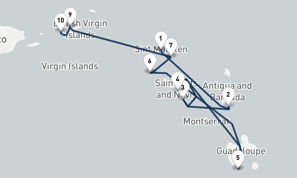 7 nights / 8 days, one-way from Philipsburg (St Maarten Island, Dutch Antilles) to Saint Thomas Island (Charlotte Amalie, USVI)