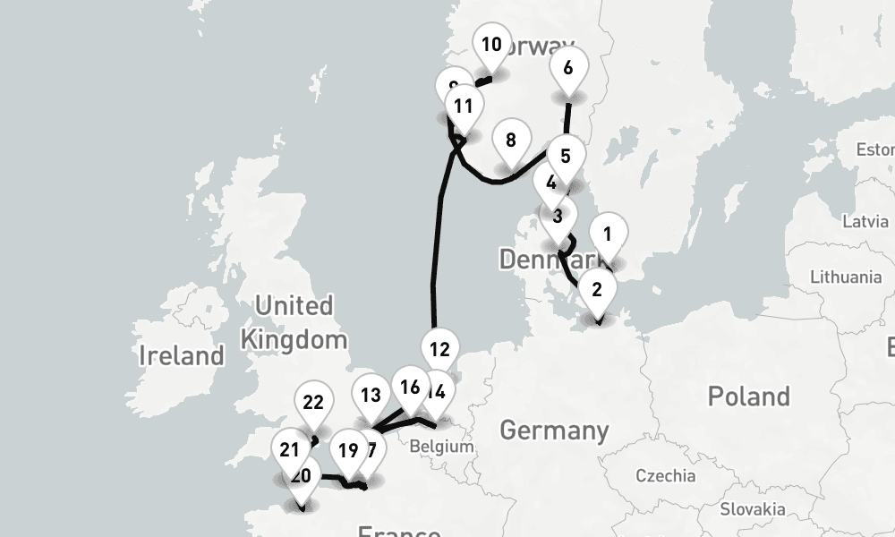 23 nights / 24 days, one-way from Copenhagen to Southampton (England)