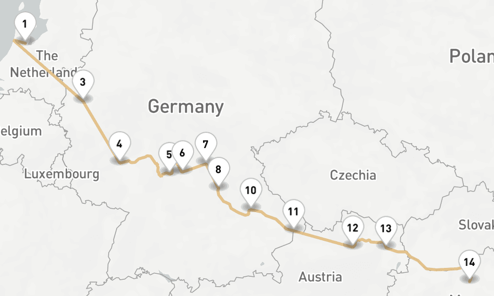 13 nights / 14 days, one-way from Amsterdam (Holland) to Budapest