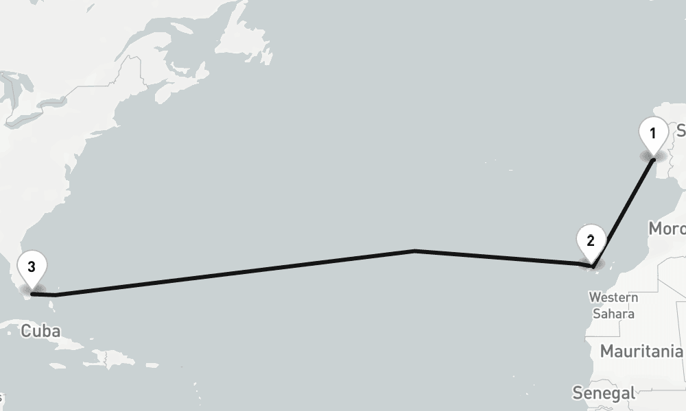 13 nights / 14 days, one-way from Lisbon to Miami (Florida)