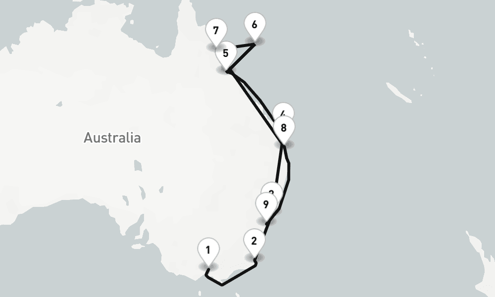 14 nights / 15 days, one-way from Melbourne (Victoria, Australia) to Sydney (NSW, Australia)