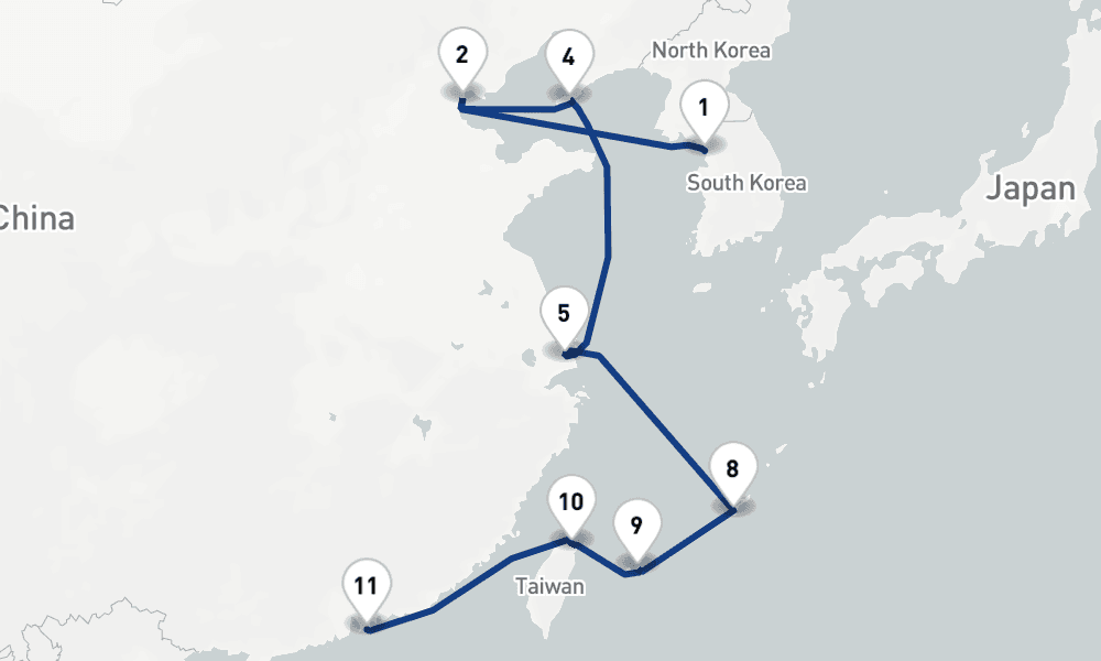 15 nights / 16 days, one-way from Incheon (Seoul, South Korea) to Hong Kong