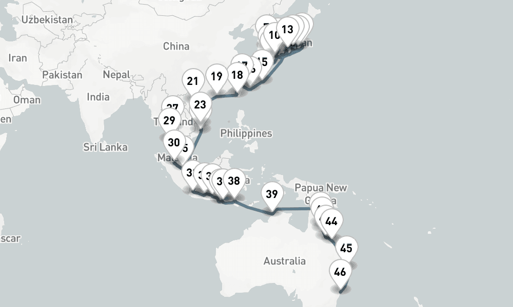 60 nights / 61 days, one-way from Tokyo to Sydney (NSW, Australia)