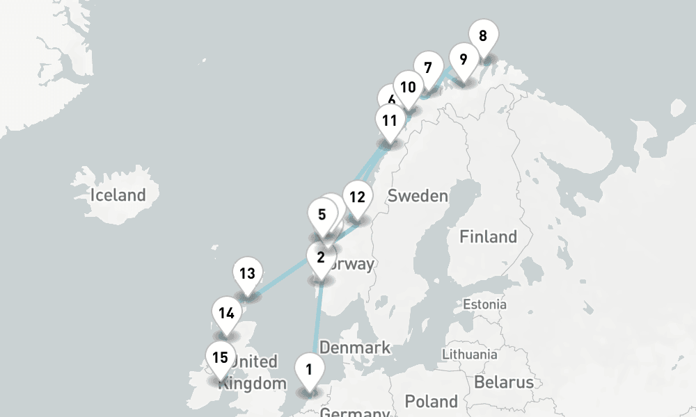18 nights / 19 days, one-way from IJmuiden (Holland) to Dublin