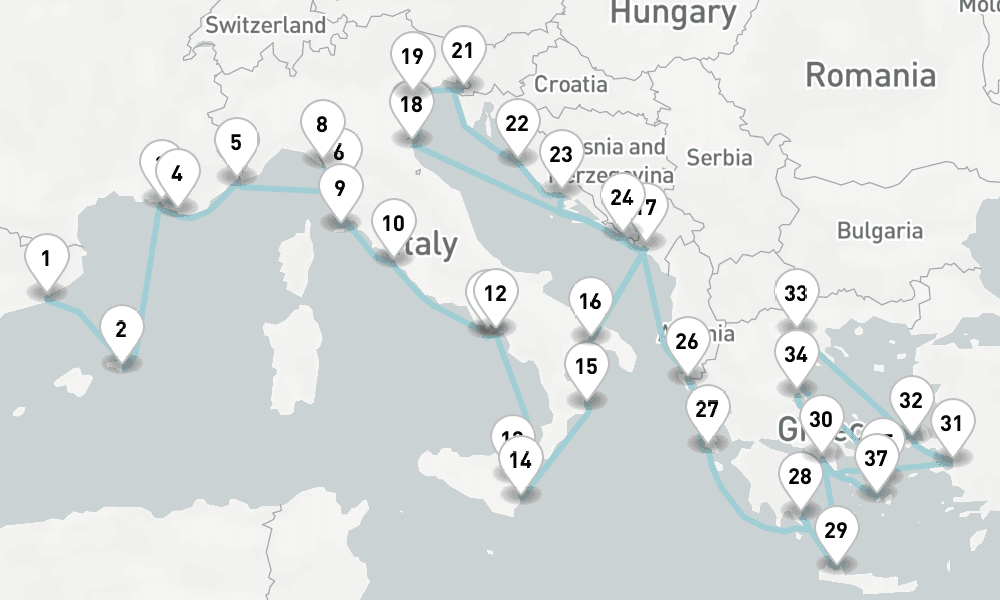 37 nights / 38 days, one-way from Barcelona to Piraeus (Athens, Greece)