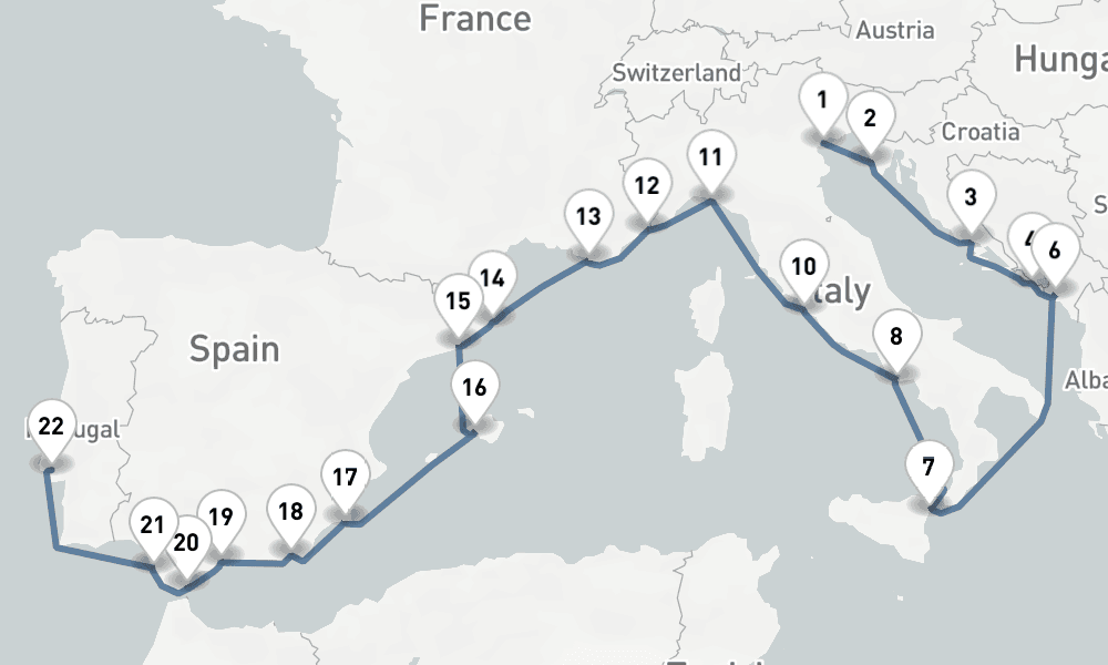 23 nights / 24 days, one-way from Venice to Lisbon
