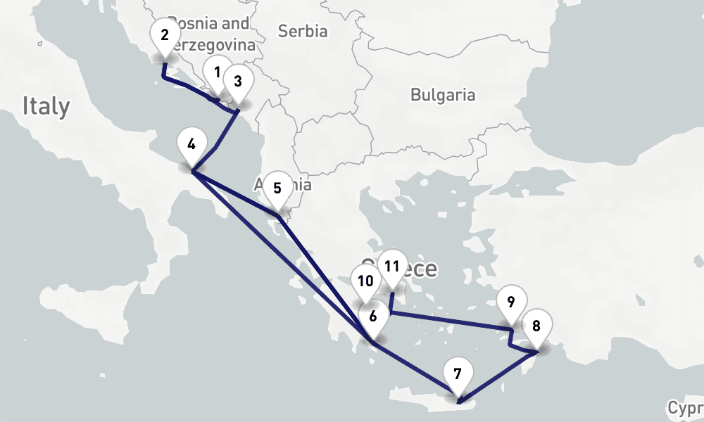 12 nights / 13 days, one-way from Dubrovnik to Piraeus (Athens, Greece)