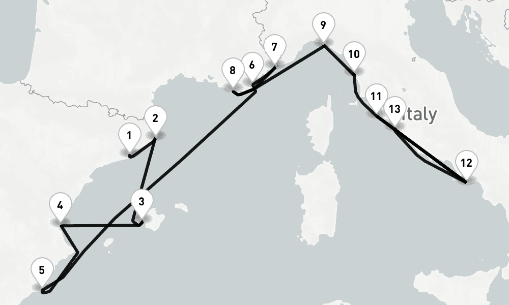 14 nights / 15 days, one-way from Barcelona to Civitavecchia (Rome, Italy)