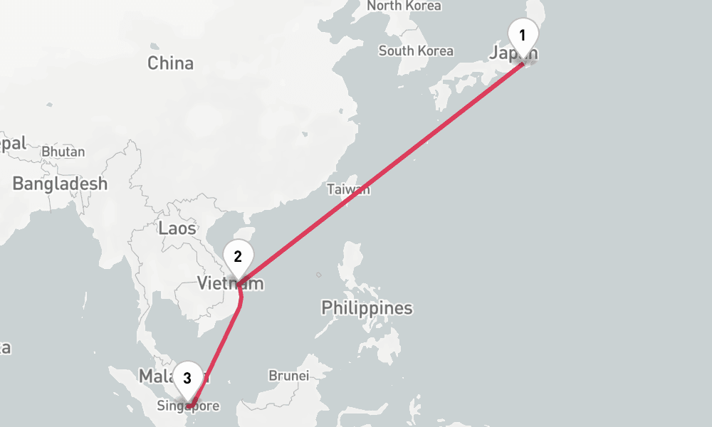 14 nights / 15 days, one-way from Yokohama (Tokyo, Japan) to Singapore