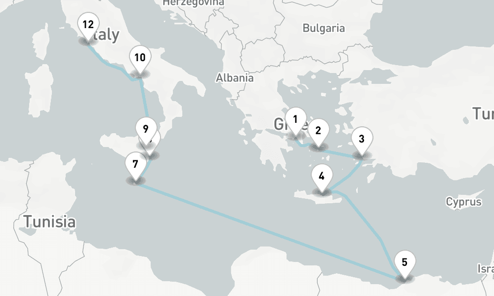 14 nights / 15 days, one-way from Piraeus (Athens, Greece) to Civitavecchia (Rome, Italy)