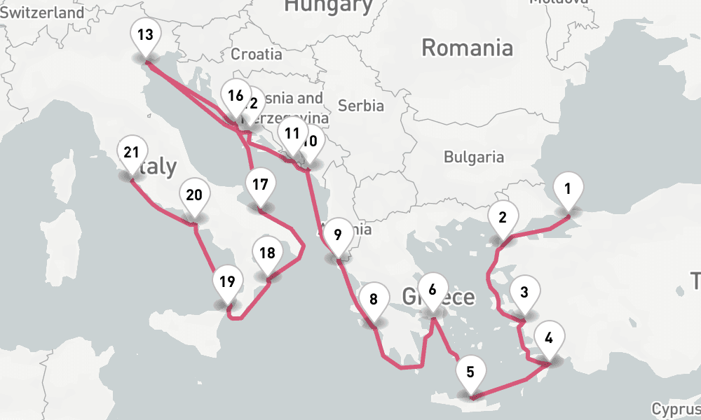 21 nights / 22 days, one-way from Istanbul to Civitavecchia (Rome, Italy)