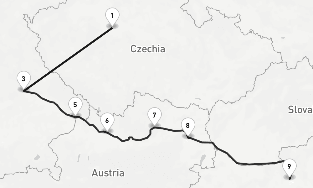 9 nights / 10 days, one-way from Prague (Czech Republic) to Budapest