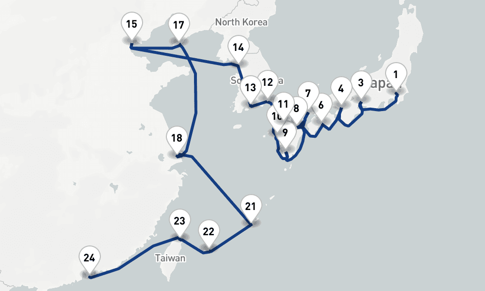 29 nights / 30 days, one-way from Tokyo to Hong Kong