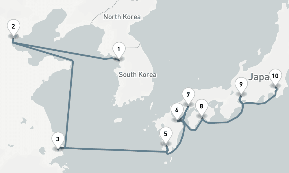 12 nights / 13 days, one-way from Incheon (Seoul, South Korea) to Tokyo