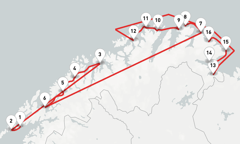 3 nights / 4 days, one-way from Svolvaer (Austvagoya Island, Norway) to Batsfjord