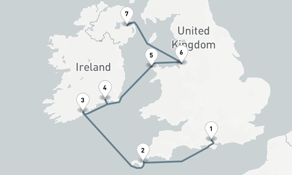 7 nights / 8 days, one-way from Southampton (England) to Belfast (Northern Ireland)