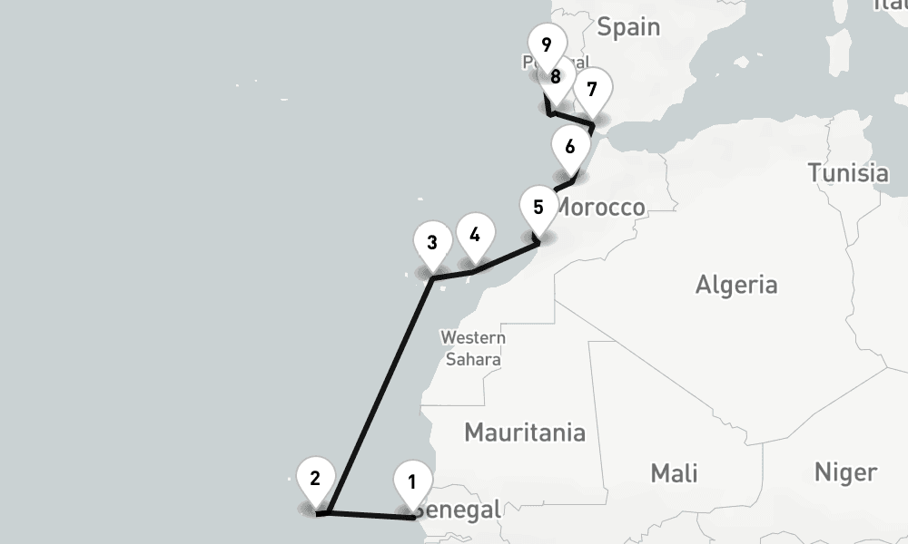 12 nights / 13 days, one-way from Dakar to Lisbon