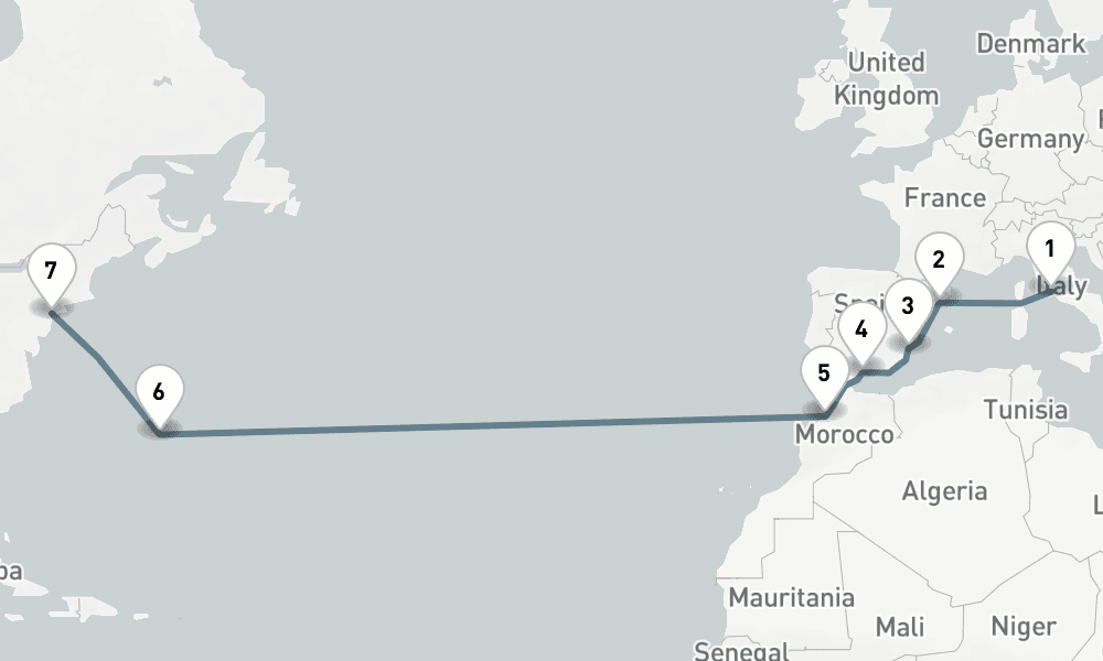 14 nights / 15 days, one-way from Civitavecchia (Rome, Italy) to New York (Cape Liberty NYC)