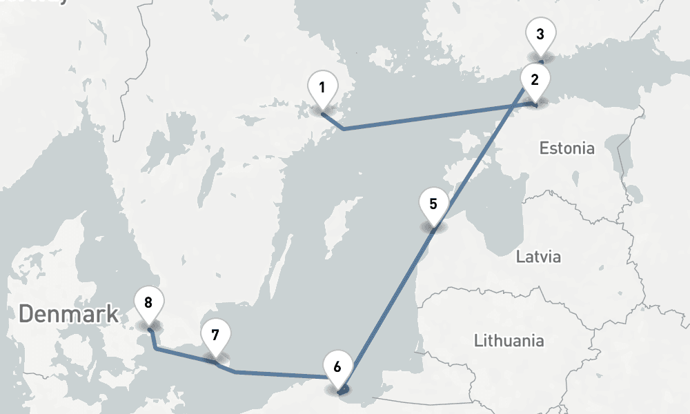 7 nights / 8 days, one-way from Stockholm to Copenhagen