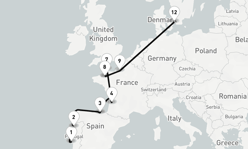 15 nights / 16 days, one-way from Lisbon to Copenhagen
