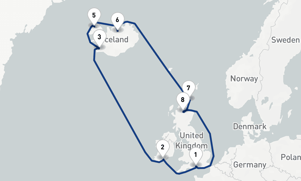 14 nights / 15 days, Southampton (England) Round trip