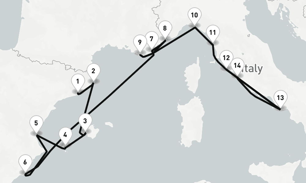 15 nights / 16 days, one-way from Barcelona to Civitavecchia (Rome, Italy)
