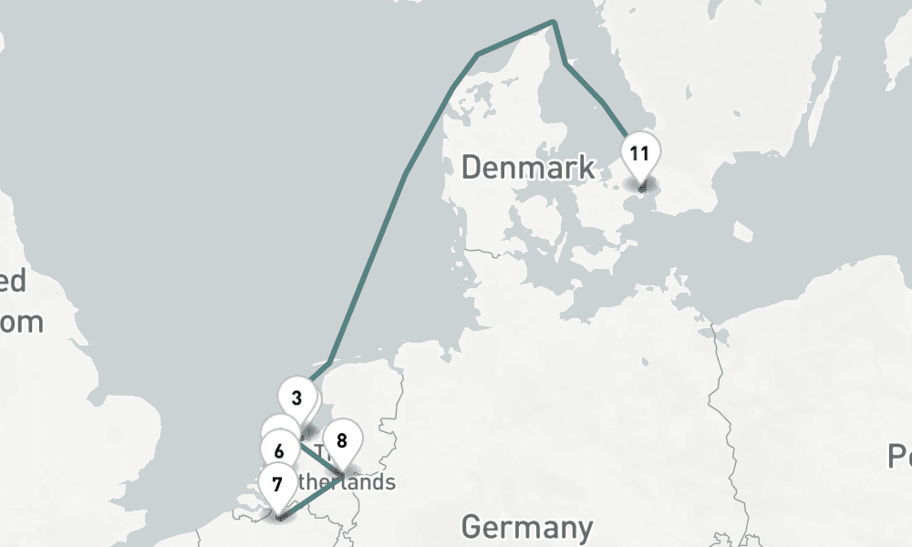 10 nights / 11 days, one-way from Amsterdam (Holland) to Copenhagen