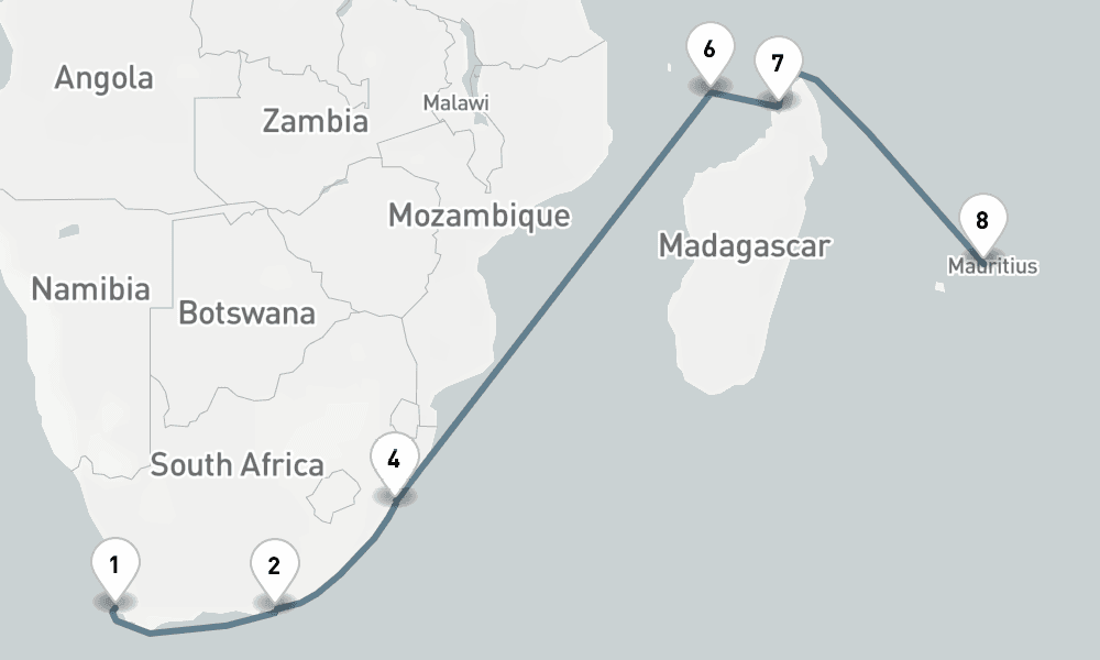 15 nights / 16 days, one-way from Cape Town to Port Louis (Mauritius Island)