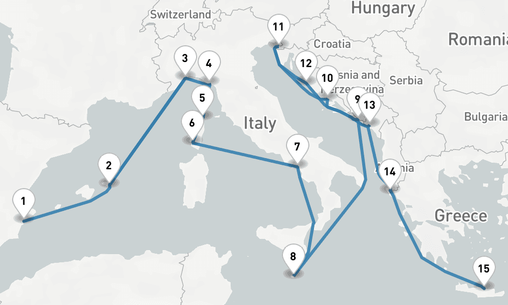 21 nights / 22 days, one-way from Alicante to Heraklion (Crete, Greece)