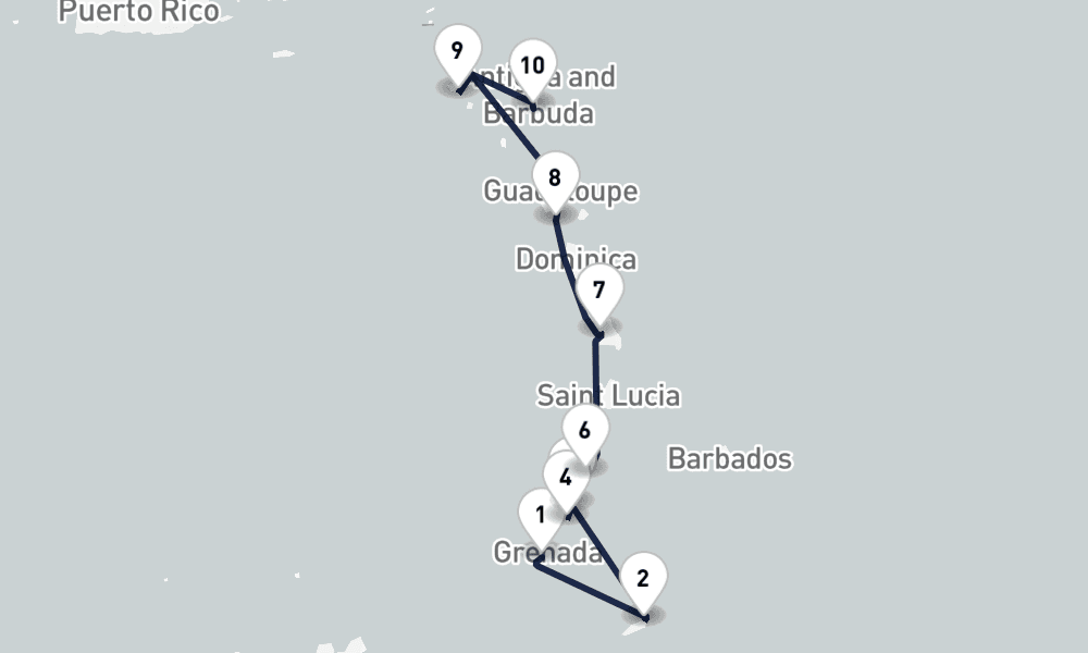 10 nights / 11 days, one-way from St Georges to St Johns (Antigua)