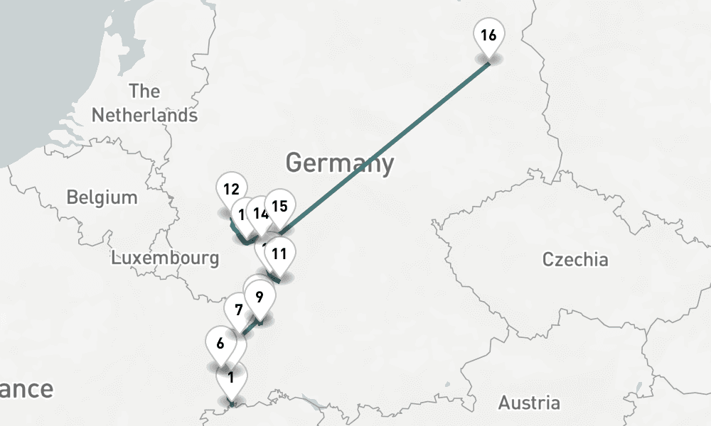 13 nights / 14 days, one-way from Basel to Berlin