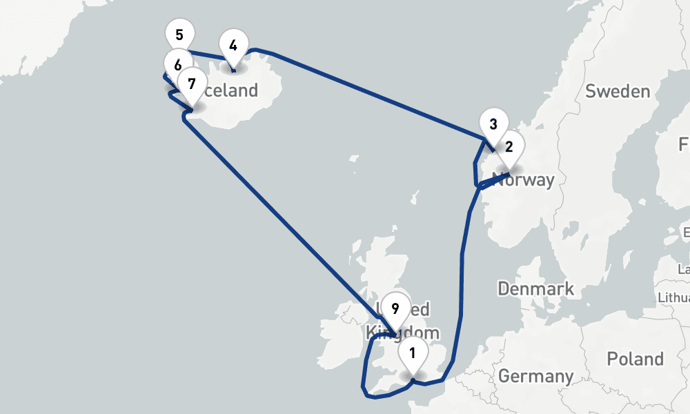 16 nights / 17 days, Southampton (England) Round trip