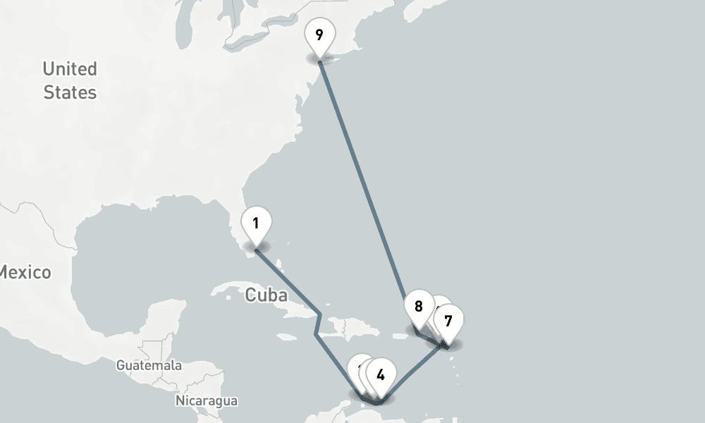 14 nights / 15 days, one-way from Miami (Florida) to New York (Cape Liberty NYC)