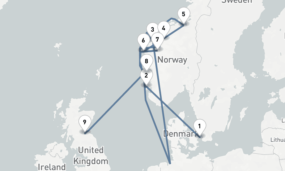 10 nights / 11 days, one-way from Copenhagen to Edinburgh (Leith, Scotland)