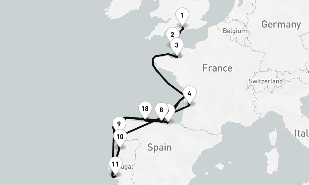 22 nights / 23 days, one-way from Southampton (England) to Lisbon
