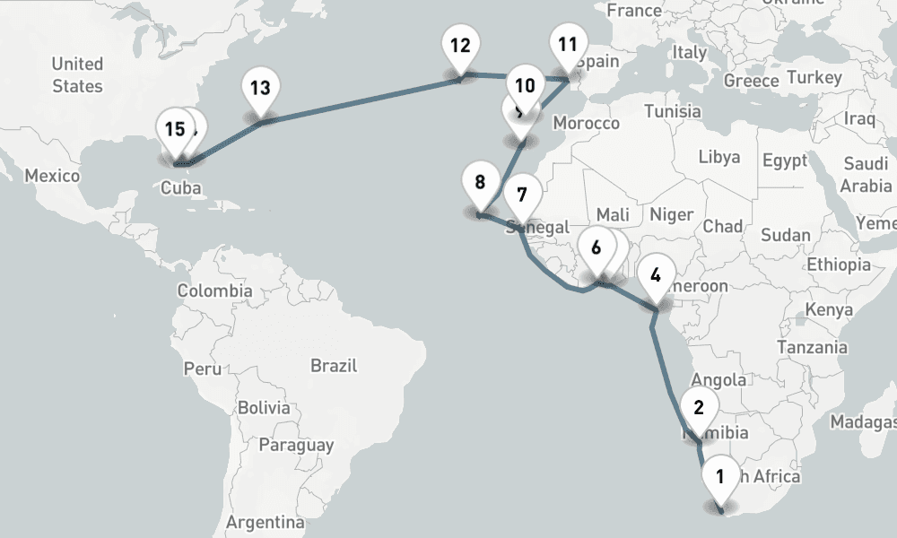35 nights / 36 days, one-way from Cape Town to Miami (Florida)