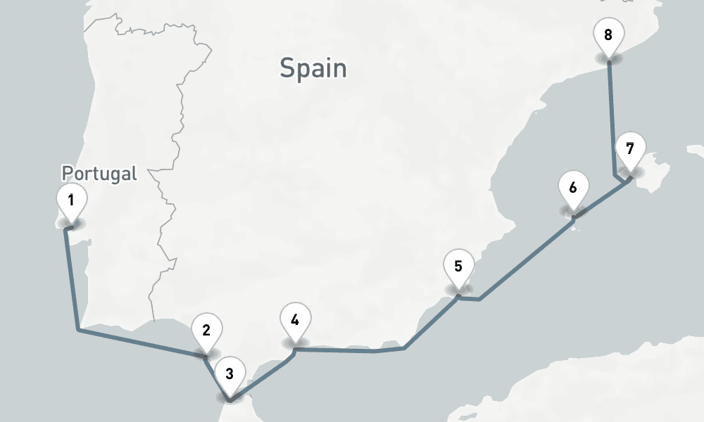 8 nights / 9 days, one-way from Lisbon to Barcelona