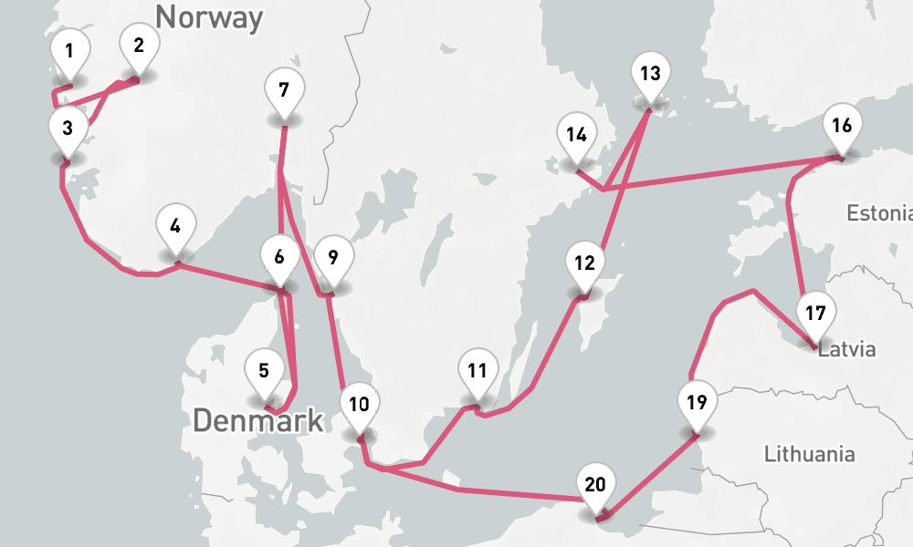 21 nights / 22 days, one-way from Bergen to Copenhagen
