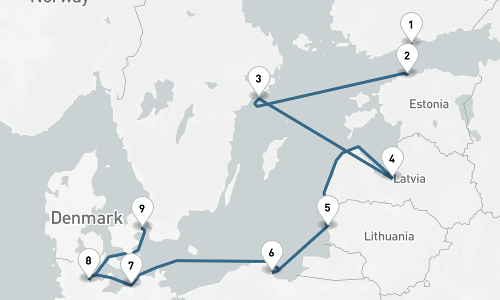 9 nights / 10 days, one-way from Helsinki to Copenhagen