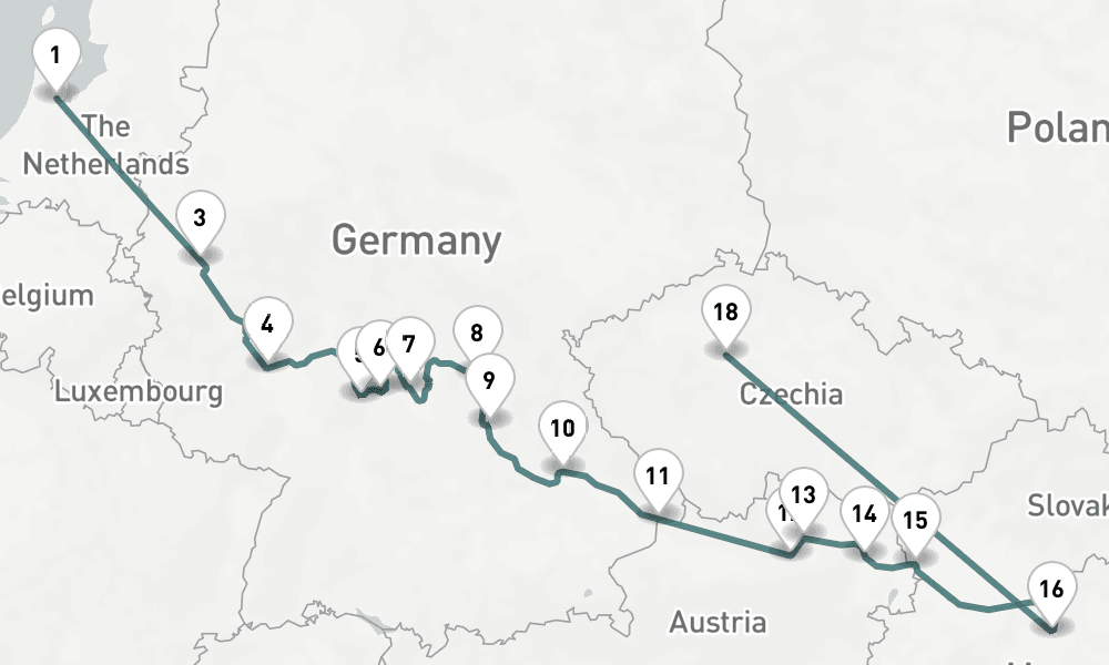17 nights / 18 days, one-way from Amsterdam (Holland) to Prague (Czech Republic)