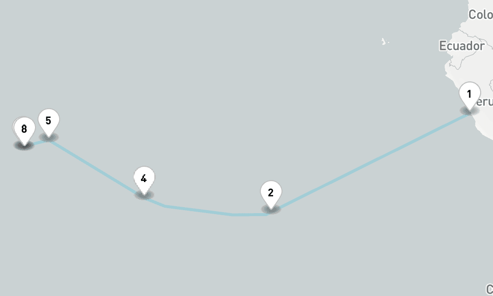16 nights / 17 days, one-way from Callao (Lima, Peru) to Papeete (Tahiti Island, French Polynesia)