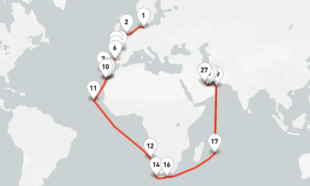 54 nights / 55 days, one-way from Hamburg to Dubai (Port Rashid, UAE)