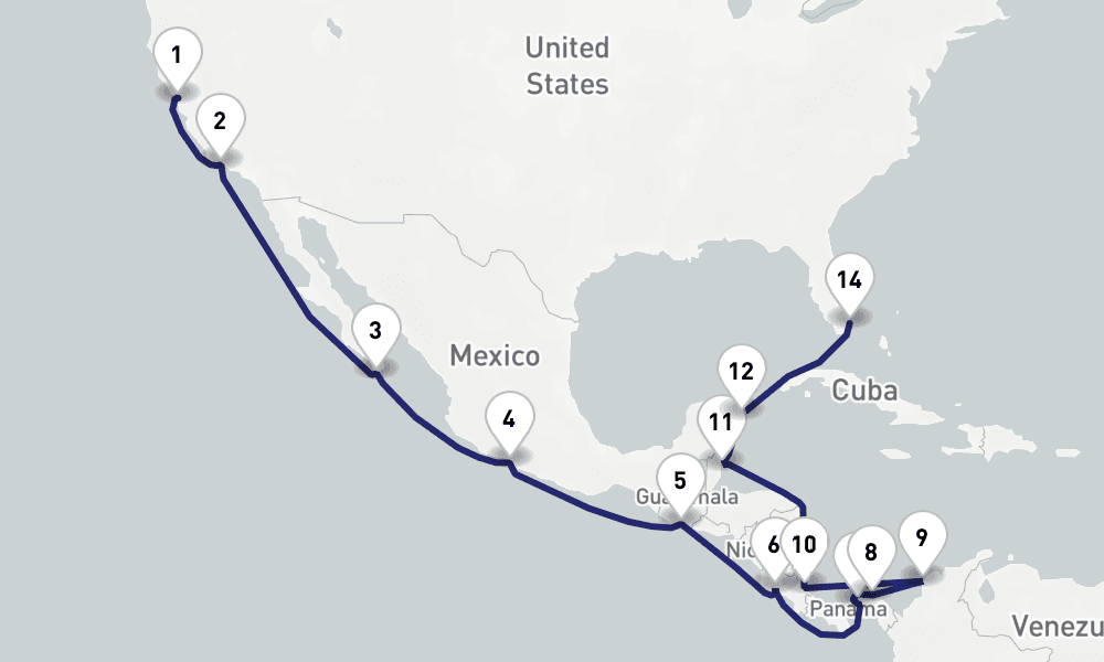 24 nights / 25 days, one-way from San Francisco (California) to Miami (Florida)