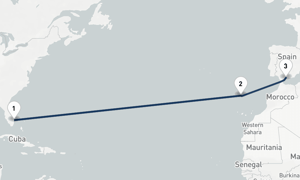 15 nights / 16 days, one-way from West Palm Beach (Florida) to Malaga