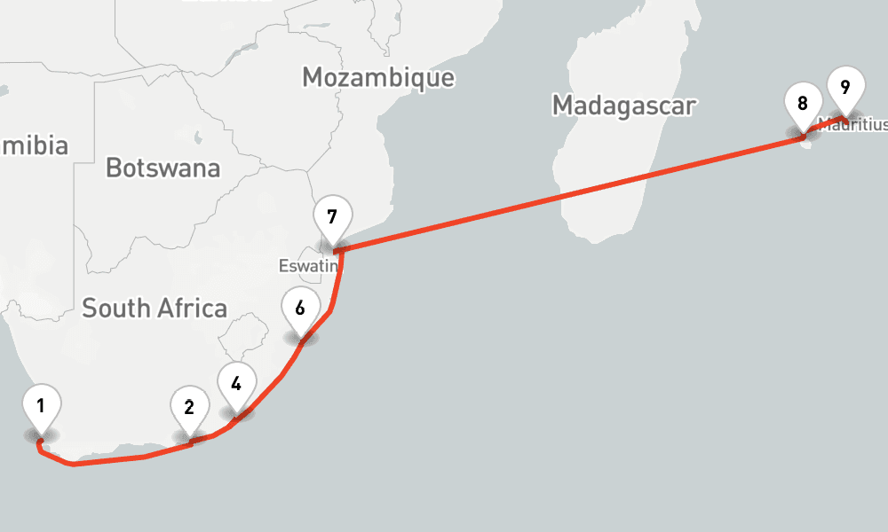 14 nights / 15 days, one-way from Cape Town to Port Louis (Mauritius Island)
