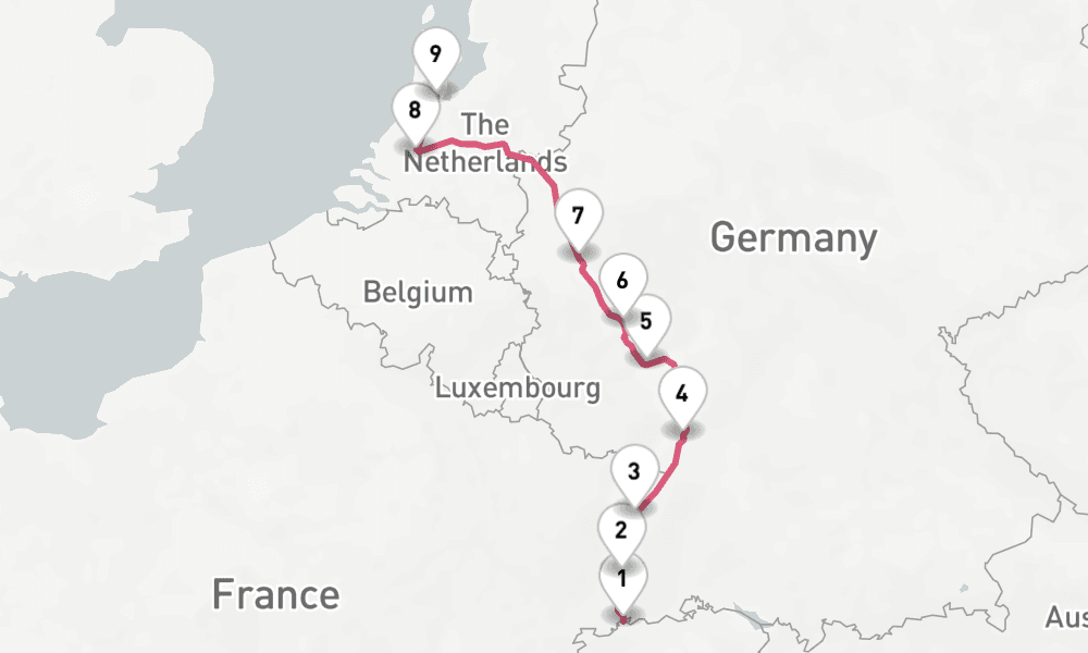 7 nights / 8 days, one-way from Basel to Amsterdam (Holland)